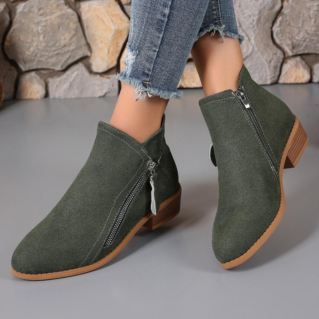 Women's Shoes, Women's Boots, Suede, Round Toe, Side Zipper, Thick Heel, Leather Boots, Women's Short Boots