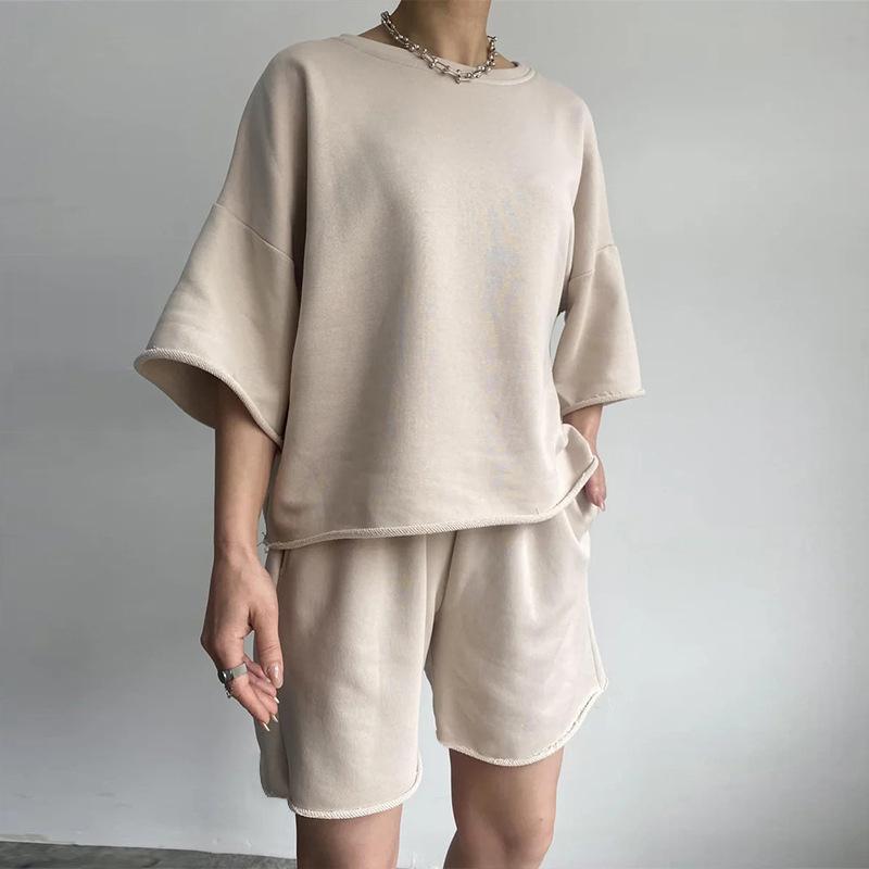 European and American New Casual Women's Suit Solid Color Half-sleeved Round Neck Loose Short-sleeved Tether Shorts Two-piece Set