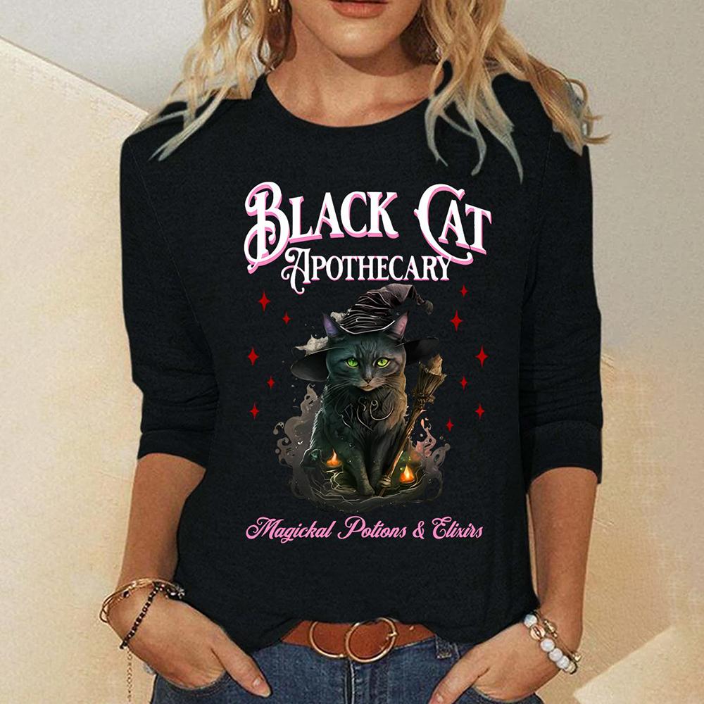 

Футболки с длинными рукавами и забавным принтом «Волшебник-кот», осенняя мода, женская футболка с круглым вырезом 2024 года, дизайнерская новая женская одежда, пуловер XL
