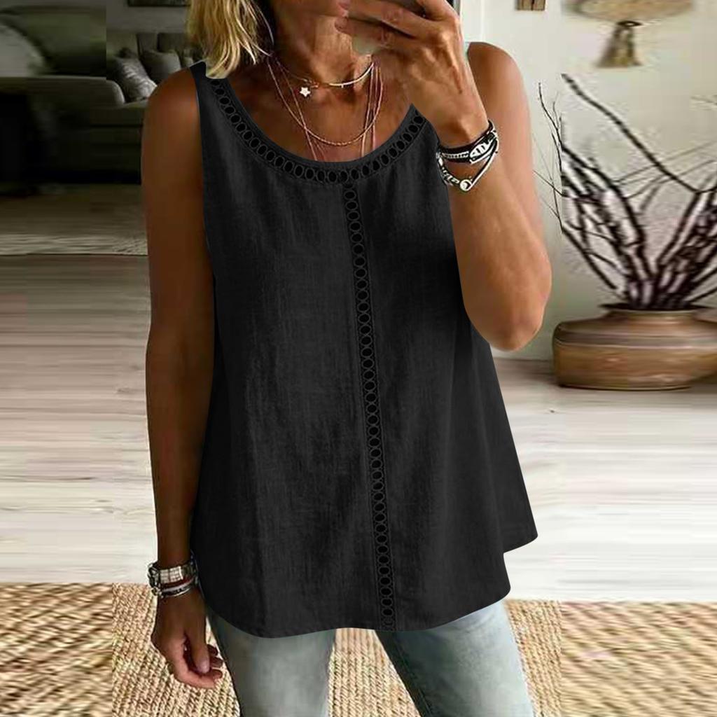 Women Sleeveless Hollow Out Tank Top Loose Fit Casual Solid Color Blouse Summer Lightweight Breathable Tunic Shirt