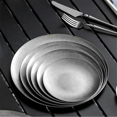 304 kulatý Vintage dezertní talíř Kreativní steak Talíř na těstoviny Nerezová ocel Jídelní podnos na koláče Mělké talíře sada japonských jídel