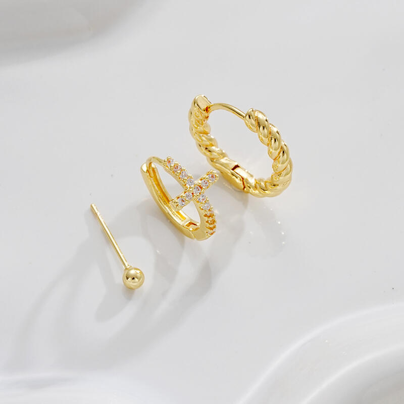 3Pcs/Set Exquisit Zircon Cross Hoop Earrings for Women Men Simple Compact Gold Color Stud Earrings Banquet Jewelry Accessories