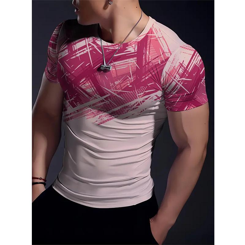 Men's Gradient Striped 3D Printed T-shirt Summer Casual Short Sleeved Top T-shirt