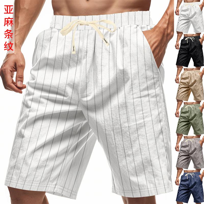 Herren S Leinen Lockerer Schnitt Gestreift Kordelzug Knielang Sommer Shorts