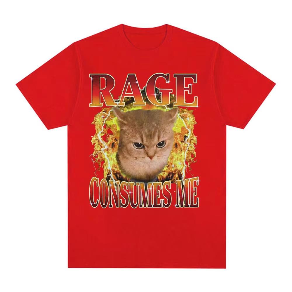Rage Consumes Me Chaotic Meme T Shirt Funny Angry Cat Fire Graphic Tshirt Men Women Clothing Cotton Casual Short Sleeve Tshirts