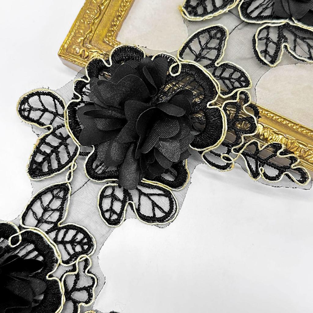 Lolita Czarny Złoty Nici Kwiat Haftowany Pas do Zasłony Odzież Bagaż Koronka Dekoracyjna