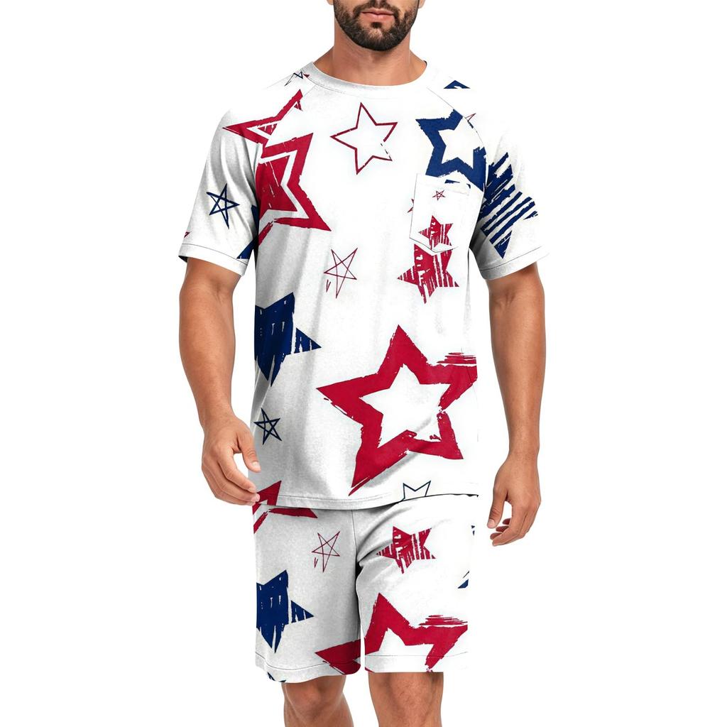 Conjunto de Pijama de Manga Corta para Hombre Ligero Transpirable Dos Piezas Ropa de Dormir Top y Pantalones Cortos Ajuste Cómodo