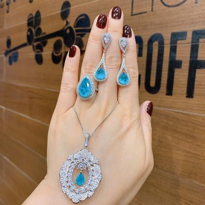 Jewelry Simulation Paraiba Retro Style Sparkle Full Of Diamonds Luxury Pendant Ring Stud Earrings Set