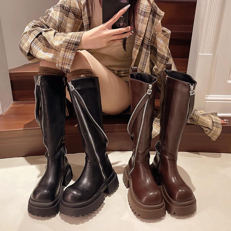 Street Style Women Modern Boots Fashion Belt Buckle Knee High Booties Autumn Winter Women's Shoes