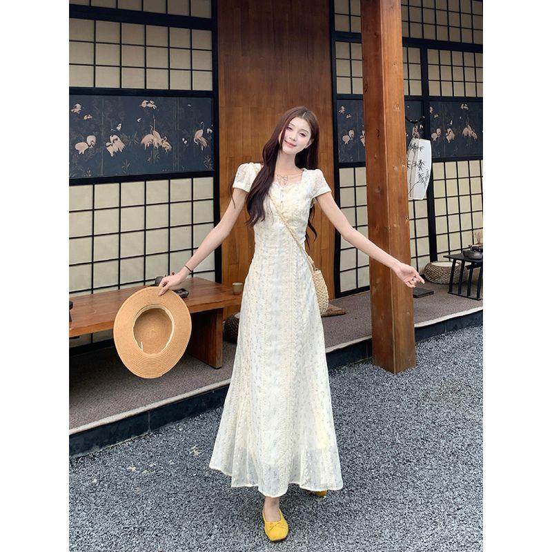 Kumikumi Gentle Floral Lace Edge Short Sleeve Dress Women Autumn Chic Age-Reducing Slimming Tight Waist Long Dress