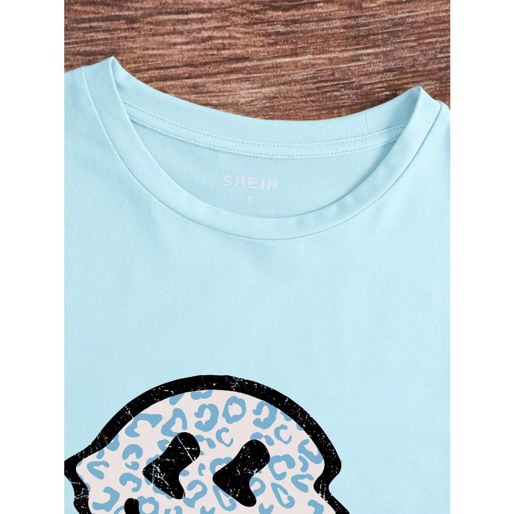 Women's Leopard Print Smiling Face Graphic Round Neck Short Sleeve T-Shirt