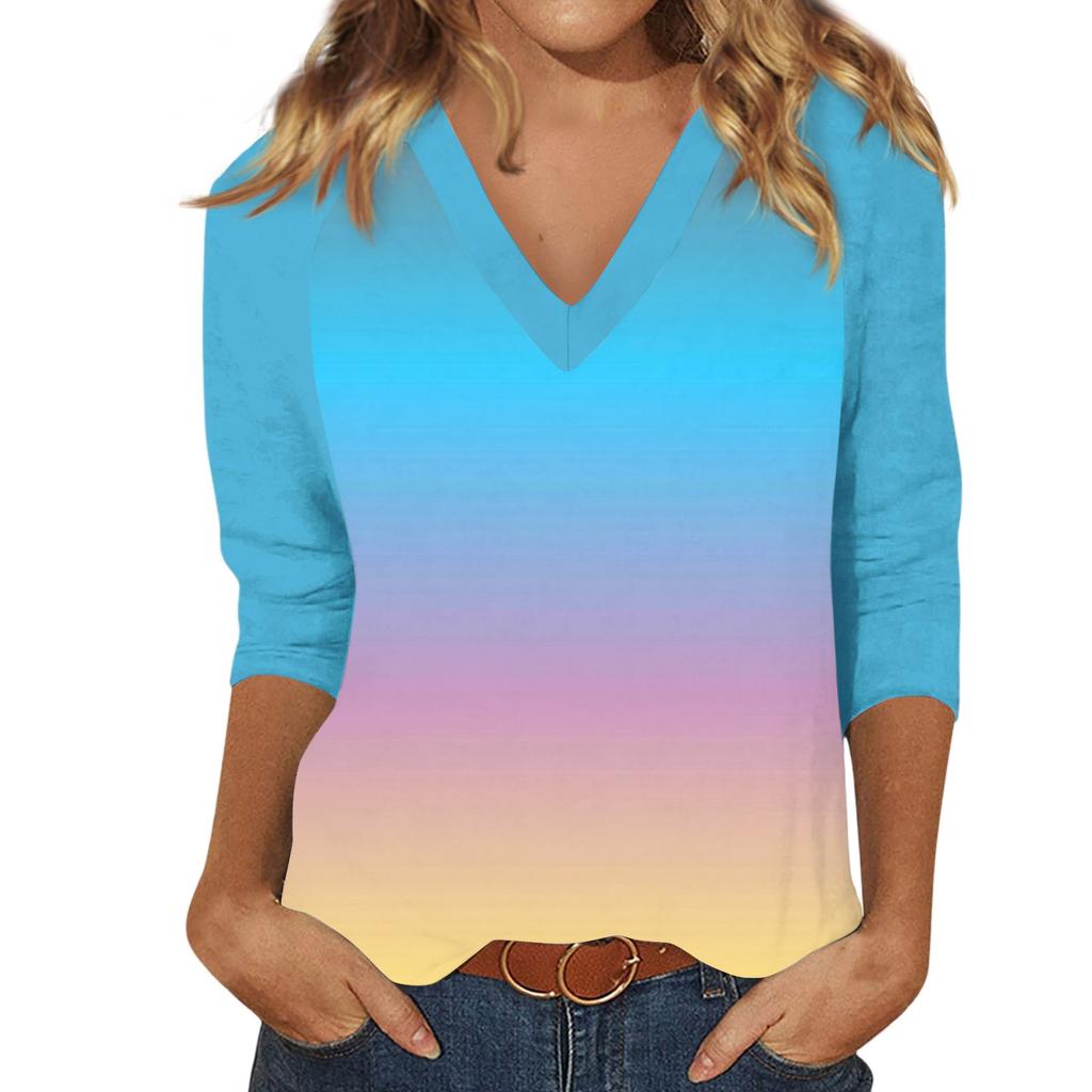 Women'S Casual And Fashionable Patchwork V-Neck Top With Seven Quarter Sleeves Top Women'S Summer Clothes Top Mujer