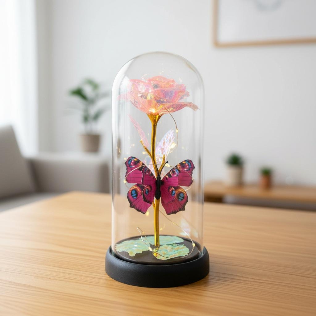 Butterfly Gold Foil Rose Immortal Flower Glass Cover Qixi Festival Valentine's Day Gift Creative Mother's Day Christmas Gift
