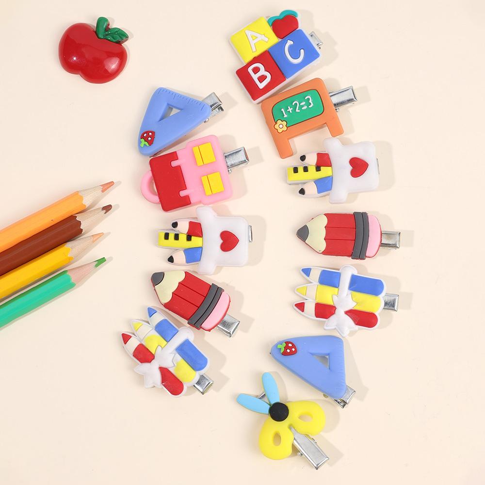 12Pcs Novelty Stationery Hair Clips Cute School Supplies Design Rubber Hairpins For Girls Kids Learning Headwear Accessories