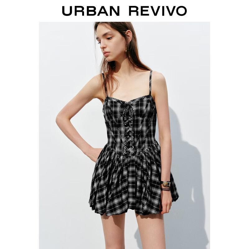 UR Women's Retro Plaid Smocked Strappy A-Line Dress