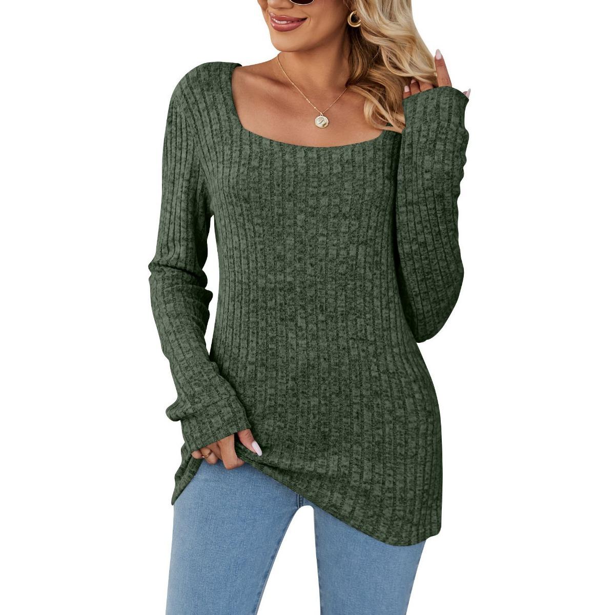 Fall Winter Women s Long Sleeve Top, Square Neck Ribbed Brushed Casual Long Tunic, European American Style Women s Casual Blouse S