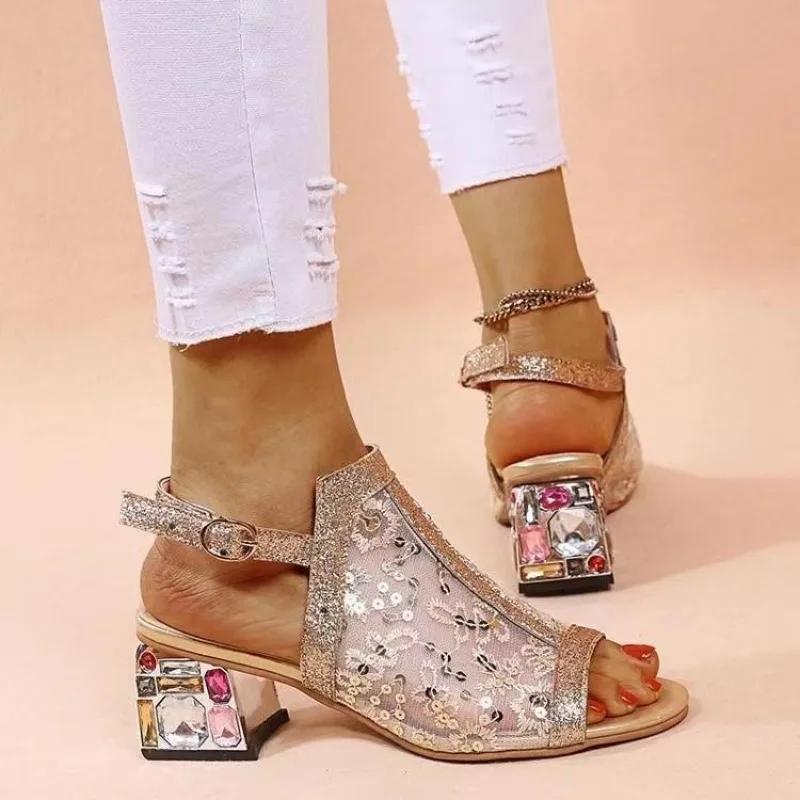 Fashion 2025 Ladies Shoes Hot Sale Women's Sandals Modern Dress Sandals Women Buckle Strap Bling Mesh Square Heel Peep Toe Shoes Women