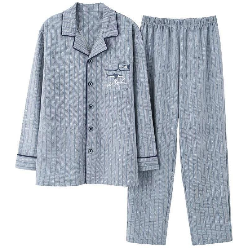 

Мужская осенняя пижама из чистого хлопка с длинным рукавом 2024 года – стиль кардигана, свободный крой, тонкая, для среднего и пожилого возраста L