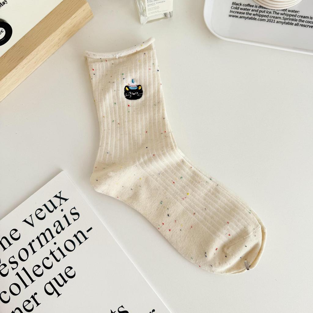 Women's Colorful Polka Dot Cartoon Embroidery Mid-Calf Gauze Socks - Korean Style Cute Rolled Edge