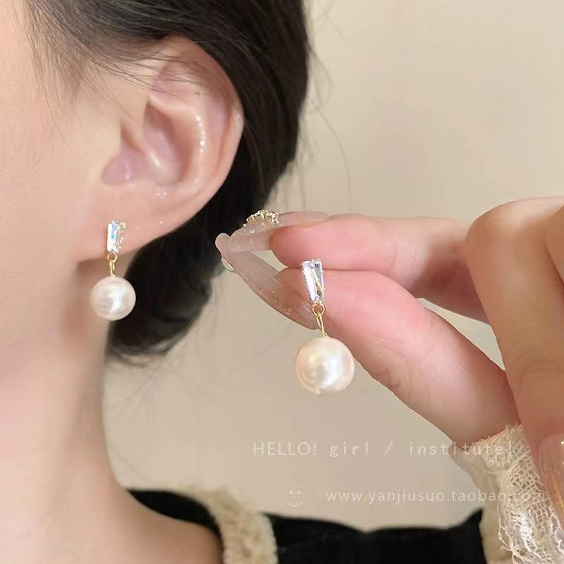 925 Silver Needle Temperament High-end Full Diamond Pearl Earrings Women's ins Wind Geometric Earrings Korean Light Luxury Earrings