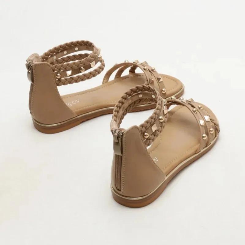 Fashion New Bohemian Style Woven Roman Sandals Women's Summer Casual Flat Bottomed Minimalist Beach Vacation Rivet Thin Band Sandals 42