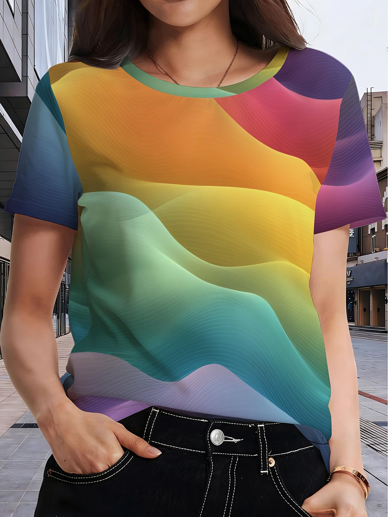 

Rainbow wave printed short-sleeved T-shirt, round neck, fashionable casual style, top for women, XXS