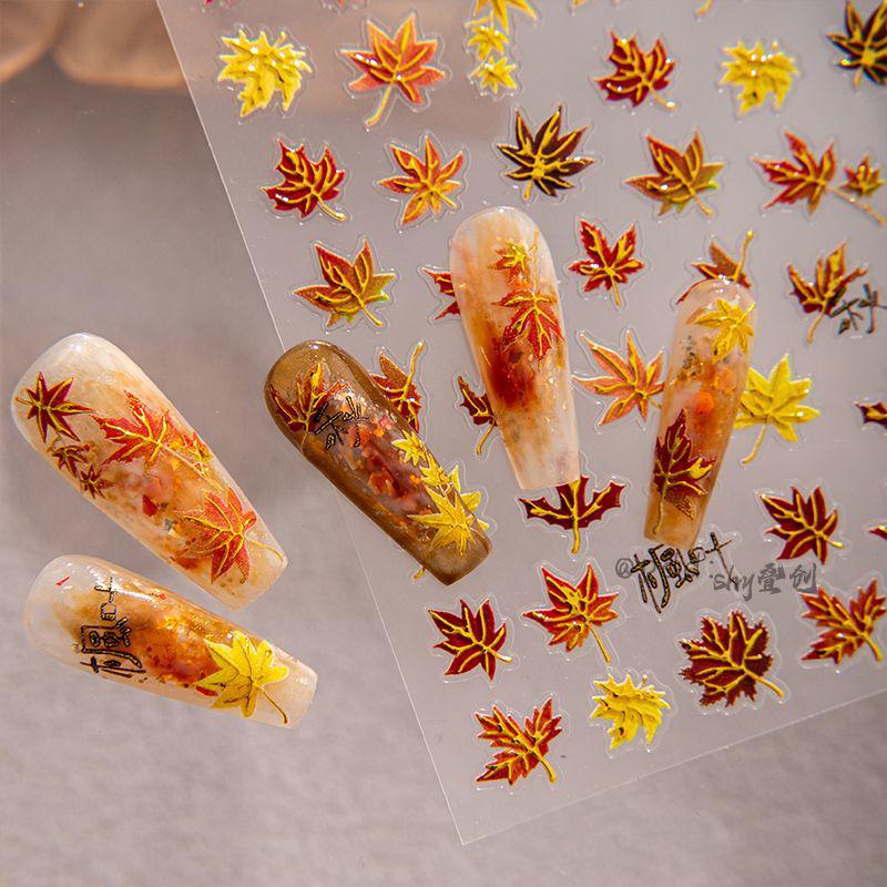 Autumn/Winter Maple Leaf Embossed Nail Stickers - Red Acacia High-Grade Stamping