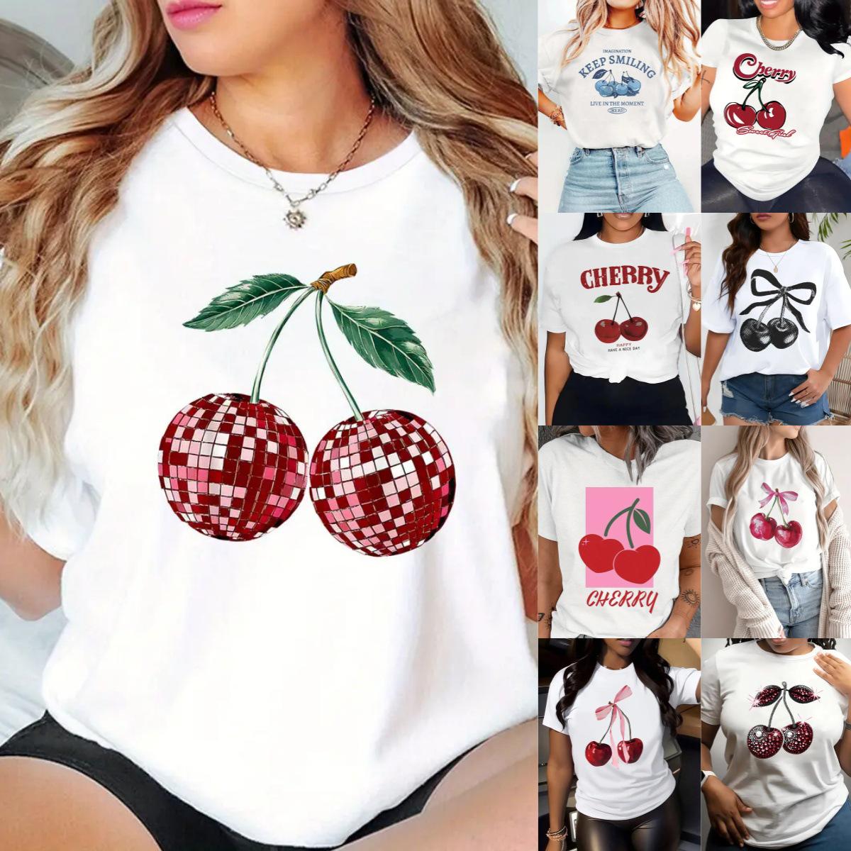 

Women s European & American Cherry Print Short-Sleeve Top with Free Shipping Large