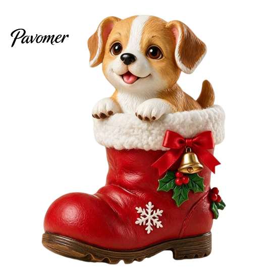 Christmas Tree Ornaments Puppy in Santa Boot Resin Figurine, Cute Dog Holiday Tabletop Decor with Theme Desktop Bow Bell Holly, Festive Home