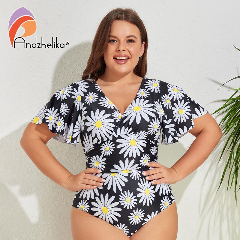 Черный цветочный купальник больших размеров, женский цельный купальник ...