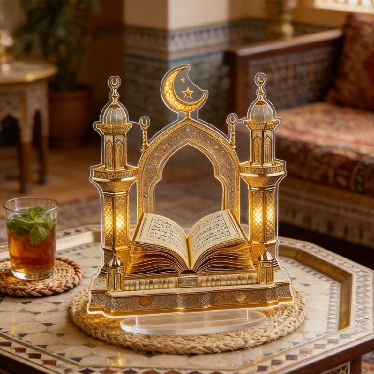 Islamic Eid Mubarak 2D Moon Castles and Quran Acrylic Table Sign Ornament for Ramadans Muslims Party Centerpieces Decors