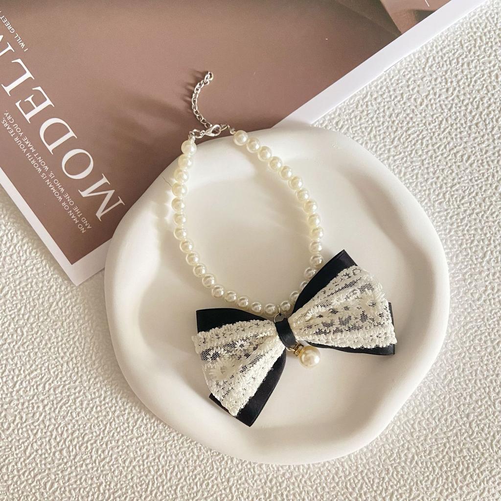 INS Princess Style Bow Ribbon Pet Pearl Necklace Sweet Temperament Cat Dog Collar Neck Ornament Neck