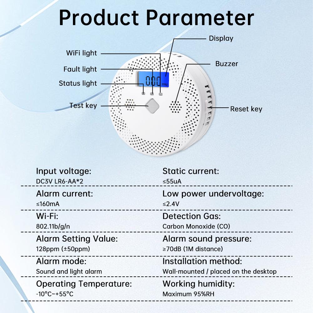 Portable Carbon Monoxide Detector Tuya WiFi Smart Carbon Monoxide Alarm Suitable for homes, offices, etc.