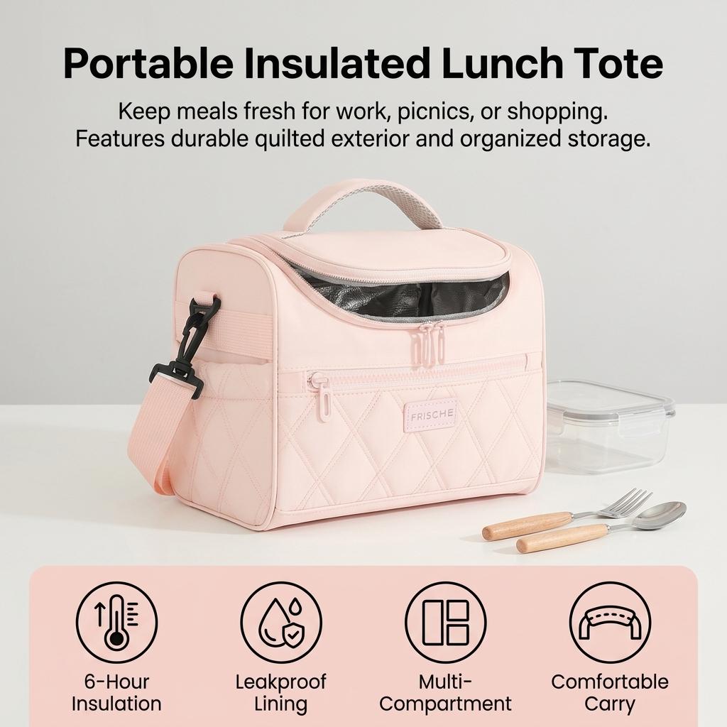 Lunch Bag for Work Picnic Portable Insulated Food Carrier Bag with Waterproof-Lining and Multiple Compartments