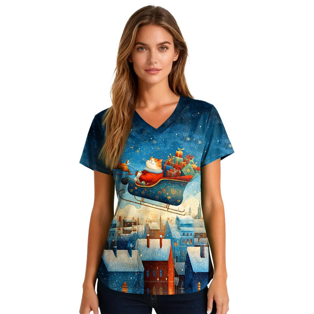 Women's Printing Uniform Work Uniform V-neck Pockets Basic Short Sleeve Pullover Top