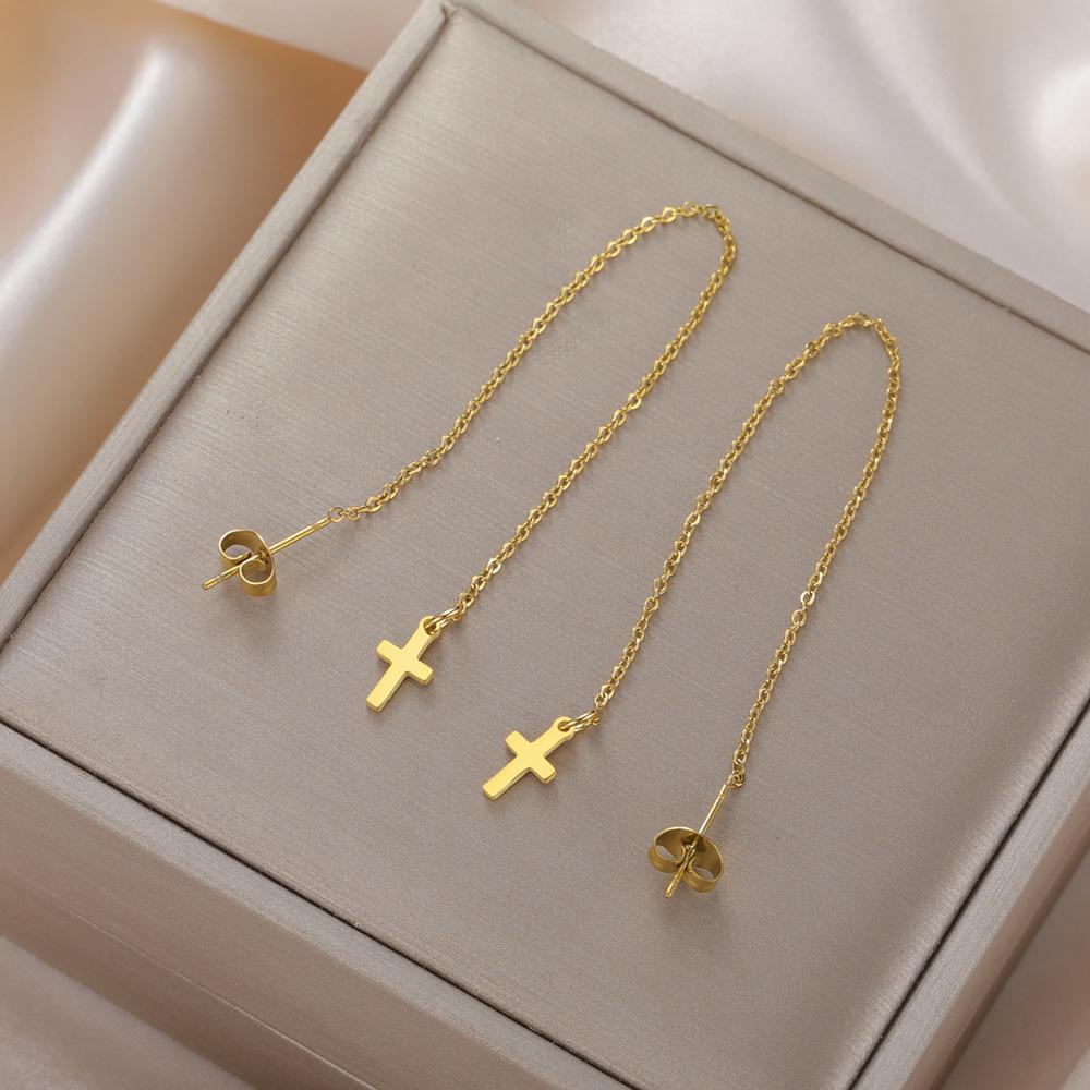 Dawapara Cross Long Earrings for Women Stainless Steel Tassel Earrings Christian Symbol Minimalism Cross Charm Religious Jewelry