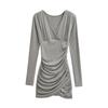 Sexy Deep V-Neck Pleated Slimming Mini Dress for Women - Autumn and Winter Base Layer