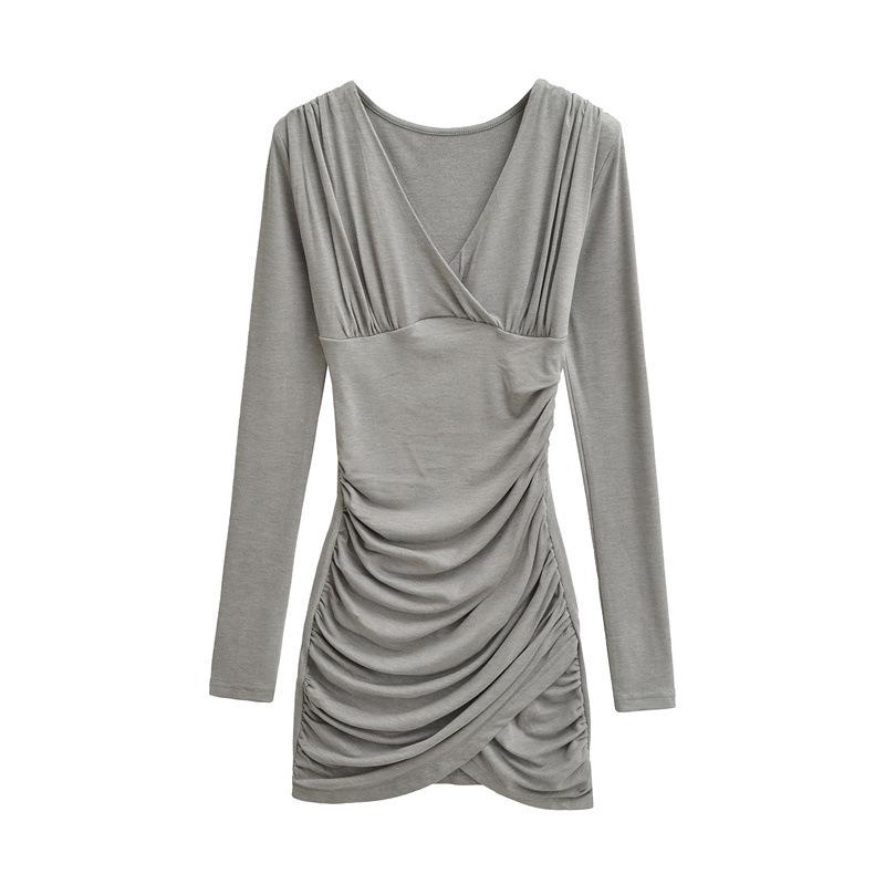 Sexy Deep V-Neck Pleated Slimming Mini Dress for Women - Autumn and Winter Base Layer