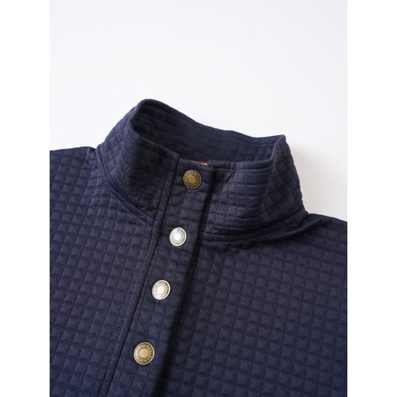 Mens Stand Collar Buttoned Waffle Grid Long Sleeve Casual Sweatshirt