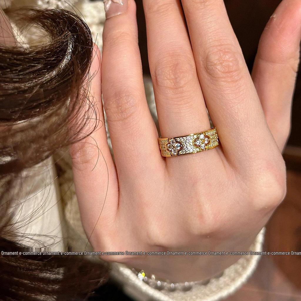 French Vintage Four-Leaf Clover & Baby's Breath Diamond Ring - Women's Luxury Fashion Statement Ring