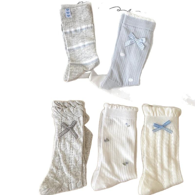 Summer Lightweight Bow Tie Women's Blue Color Pile-up Stockings with Hollowed-out Small Floral Patterns and Mid-length Socks with An Academic Style