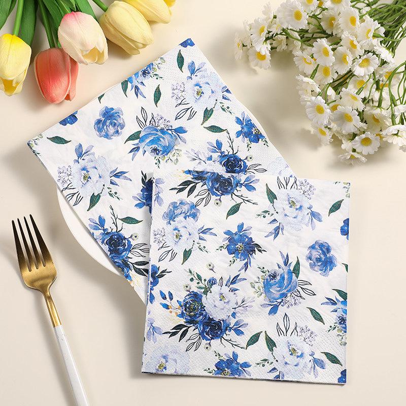 European Retro Blue and White Porcelain Print Disposable Napkins for Restaurant, Party, or Hotel Dining