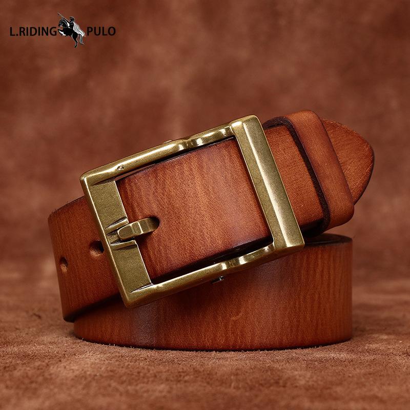 Retro Printed Genuine Leather Cowhide Copper Buckle Belt Trendy All-match Casual Jeans Belt