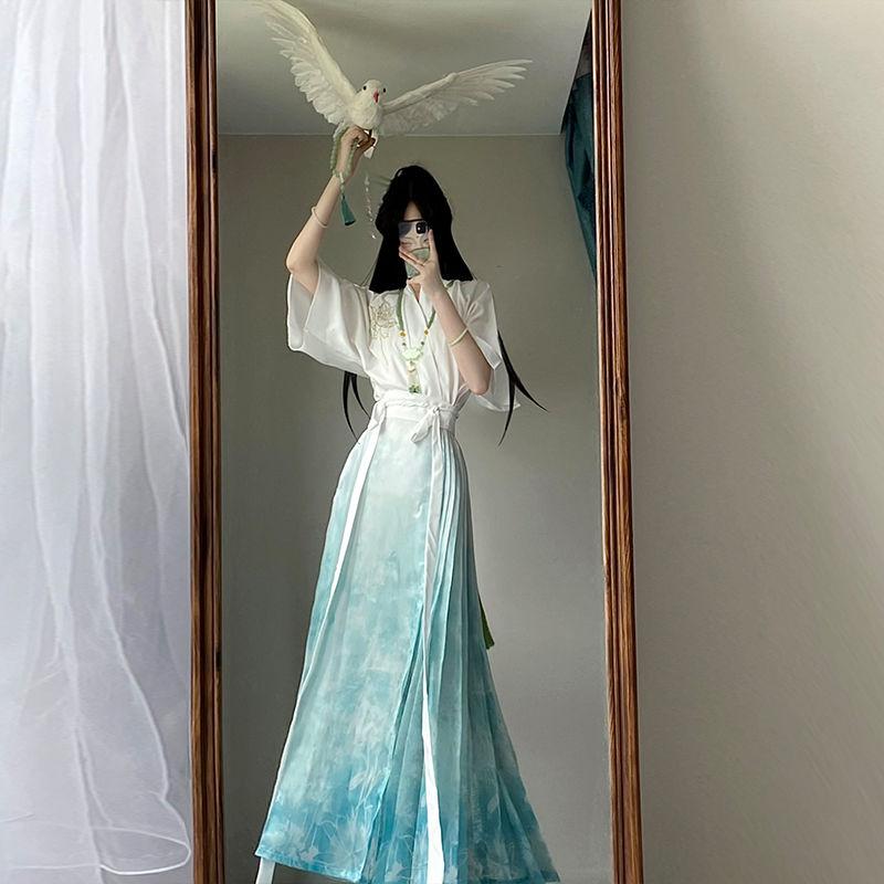 

Китайский стиль династии Мин, Ханьфу, вышивка, юбка MA MIAN, повседневный летний тонкий костюм с короткими рукавами