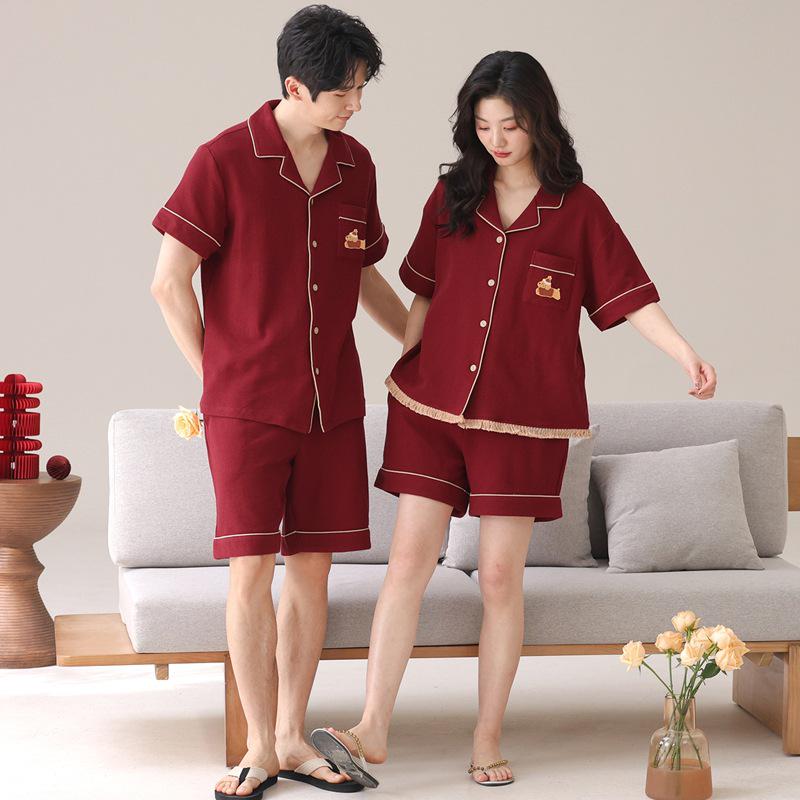 Red Cotton Anti-bacterial Year of the Rat Couple Pajama Set - Short Sleeve, Shorts & Cardigan for Newlyweds