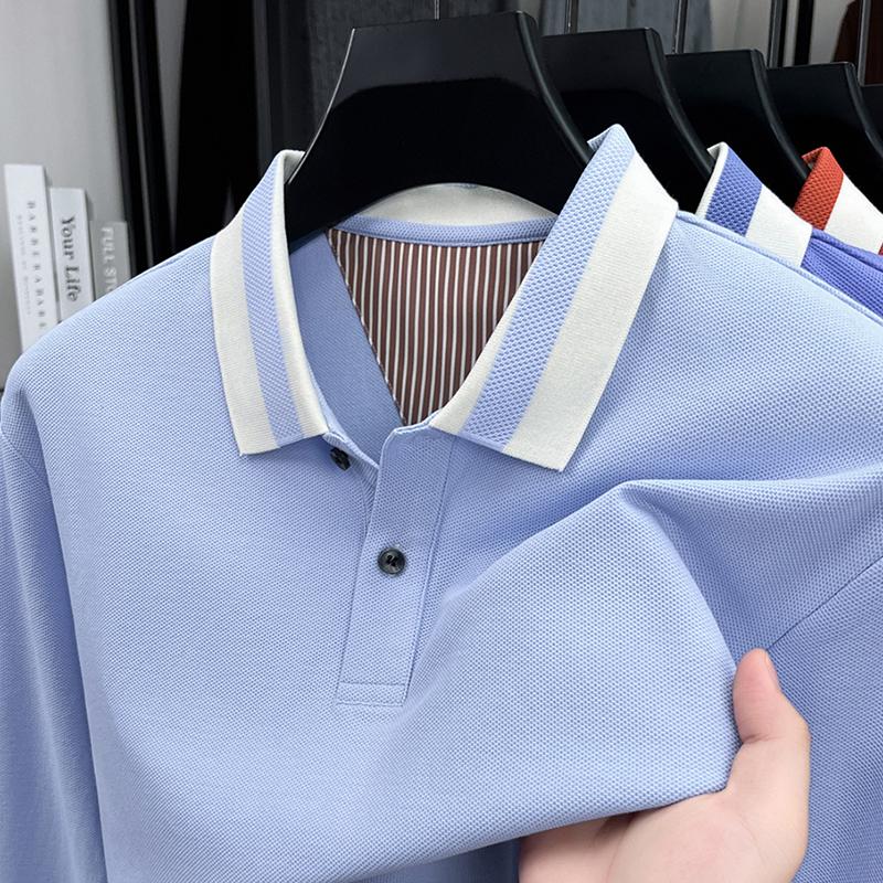 

95Хлопок Премиум Поло с длинным рукавом Мужское Люкс Модный Бренд Цветные блоки Полоски Отложной воротник Осень Корейская Повседневная Футболка XL светло-синий