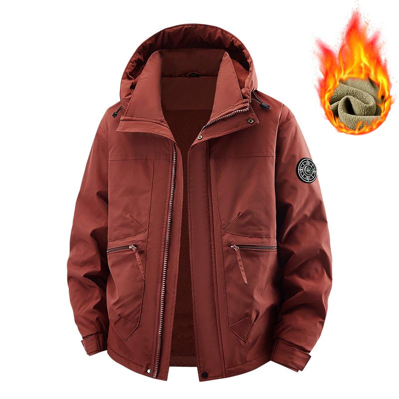 Men's Hooded Fleece Lined Jacket Thickened Warm Winter Coat Multi Pocket Casual Outerwear