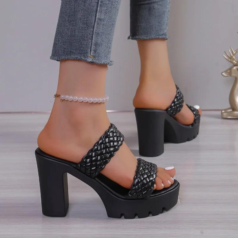 Summer Hot Selling Women's Shoes Fashion Solid Color Open Toe Women's Slippers Roman Thick Heel Women's High Heel Beach Shoes