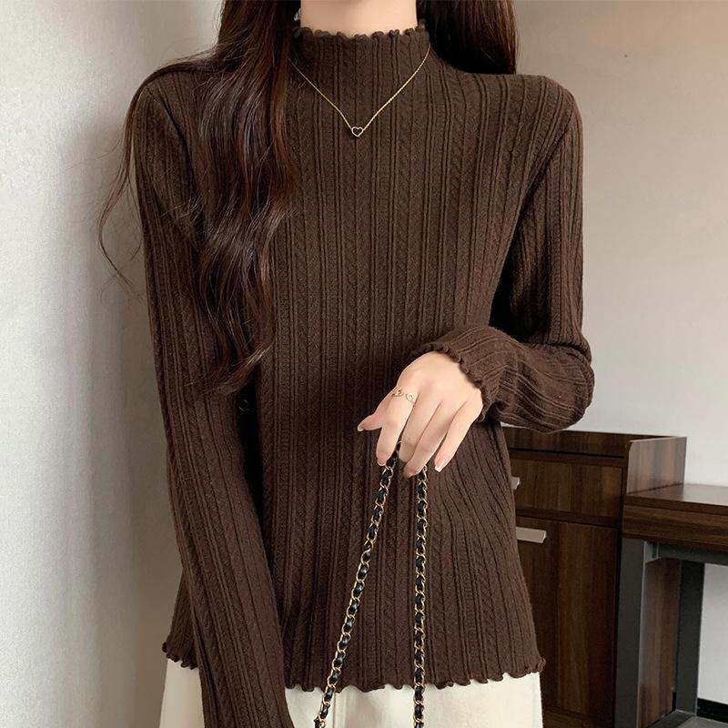 

Трикотажная базовая рубашка с полуводолазкой для женщин на осень и зиму, новый стиль, черные уши с модным тонким внутренним тонким верхом с длинными рукавами One Size