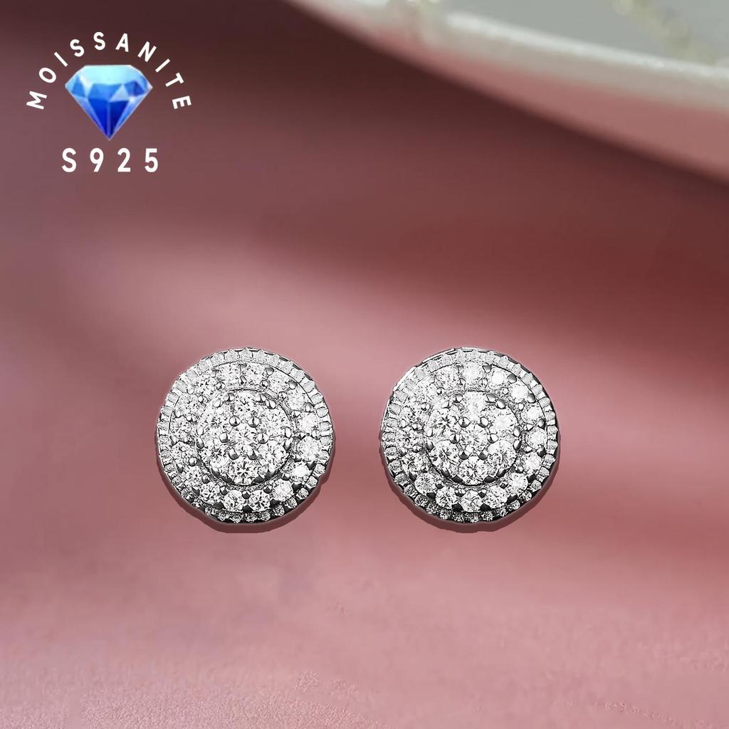Moissanite Real 925 Silver Iced Cluster Round Hip Hop Out Big Mens Stud Earrings